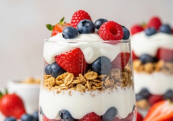 A glass parfait with layers of yogurt, granola, strawberries, blueberries, and raspberries, creating a vibrant, healthy dessert.
