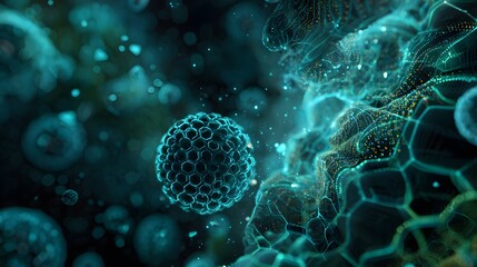 Microscopic view of glowing blue hexagonal cell structure and organic particles biology science