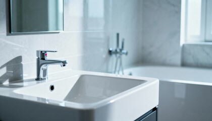 Modern Bathroom Interior with Stylish Sink, Faucet, and Bathtub in a Bright, Contemporary Design