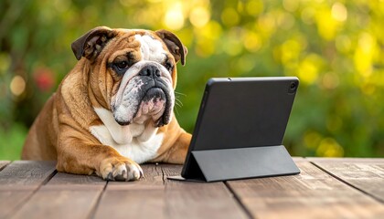 Funny English Bulldog Using a Digital Tablet Outdoors.
