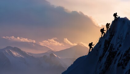 group of climbers hiking on mountain peaks