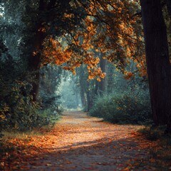 Serene forest pathway covered in vibrant autumn leaves, flanked by lush greenery and tall trees, creating a tranquil atmosphere for nature lovers and outdoor enthusiasts