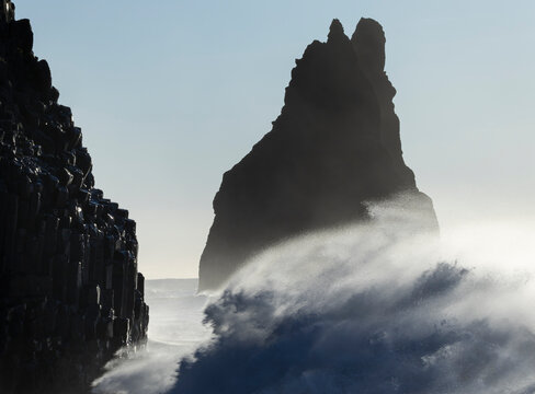 Majestic black beach sea stack captured at dawn