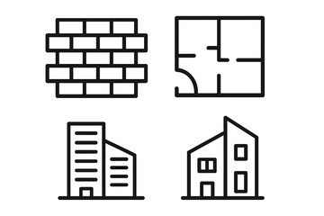 Building and architecture icon set. Vector line art symbols for construction, real estate. Includes brick wall, floor plan, modern house, and office pictogram for web design.