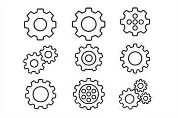 Gear and cogwheel line icon set. Vector outline symbols for settings, mechanism, process, and progress. Icons for engineering, web design, teamwork, and industry concepts.