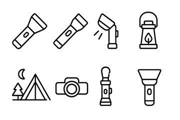 Camping and hiking line icon set. Collection of outline signs like flashlight, lantern, tent, and camera for graphic and web design, apps, and adverts. Vector illustration.