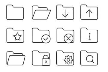 Folder line icon set. File and document management signs. Download, upload, favorite, settings, search, security vector symbols. UI UX graphic design elements for web and apps.