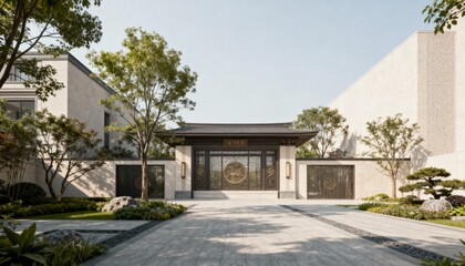 Elegant Courtyard Entrance with Meticulously Landscaped Garden in a Modern Asian Residential Setting