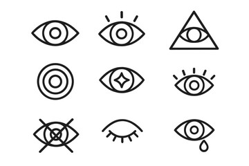 Eye thin line icon set. Vision, look, see concepts. All-seeing eye of providence, sad crying tear, blind, closed sleep symbols. Esoteric, spiritual, focus & idea signs. Vector.