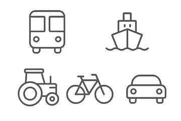 Transport icons set with bus, ship, tractor, bicycle, car. Vehicle thin line art collection. Editable stroke vector symbols for web design, apps, ui, ux and infographics.