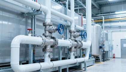 Industrial Piping System: White Pipes, Valves, and Tanks in a Modern Processing Plant