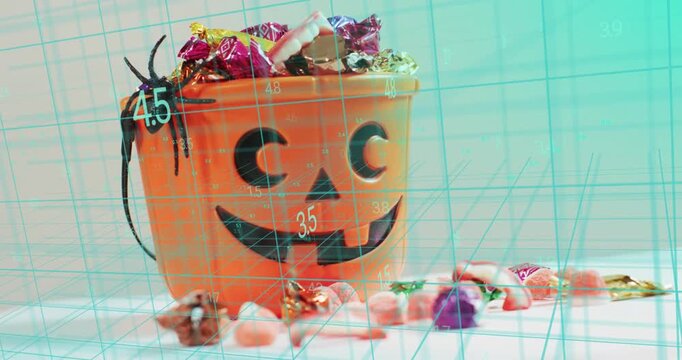 Faint cyan grid appearing over scene, numbers growing rotating mapping pumpkin bucket and candies