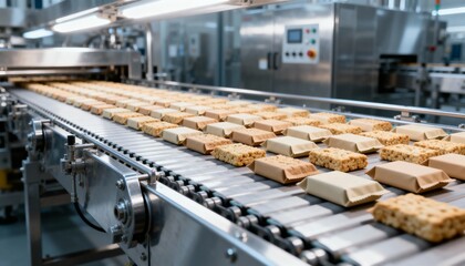 Obraz premium Food Production Line: Cereal Bars on Conveyor Belt in Modern Food Processing Factory, Automation in Manufacturing