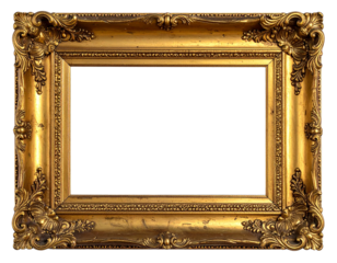 Antique Rectangular Carved Gilded Frame with Ornate Floral Details, isolated on transparent background