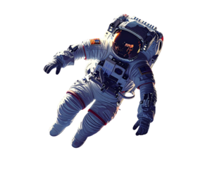 Astronaut in Dynamic Pose with Space Station and Starfield, Angled Top-Down View, isolated on transparent background