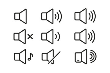 Speaker volume line icon set. Audio sound control pictogram collection. Loudspeaker, megaphone, music, mute and silent symbols for web design, UI, UX, apps and interface.