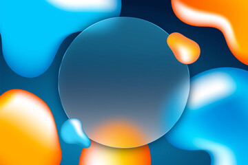 Abstract Background with Frosted Glass Circle Overlay, Featuring Fluid Shapes in Blue and Orange Tones, Ideal for Modern Designs