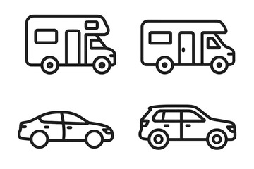 Motorhome and car line icon collection. RV, camper van, sedan and SUV vehicle outline signs. Simple transport symbols for graphic and web design, apps, and travel concepts.