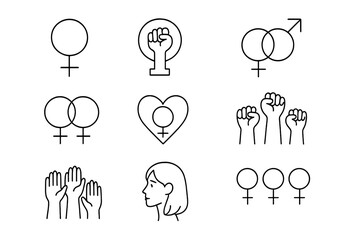 Feminism thin line icon set. Gender equality and female empowerment symbols. Women's rights, girl power, and solidarity. Protest fist, lesbian love, and feminist vector icons.