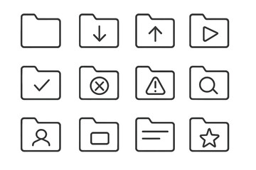Folder line icon set. Computer file and document signs. Data storage, download, upload, search, favorite. UI UX kit for web design, apps, graphic interface. Vector symbols.