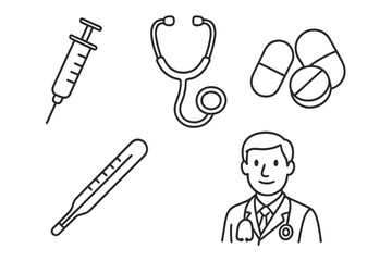 Medical and healthcare thin line icon set. Doctor, syringe, stethoscope, thermometer, and pills vector symbols. Medicine, hospital, clinic, and pharmacy concept illustration.