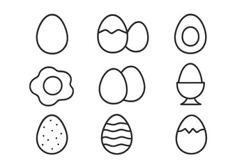 Egg icon set line art. Food symbol collection. Fried egg, boiled egg, broken, eggshell, yolk, protein, breakfast. Easter egg decoration. Vector for app, web, infographic.