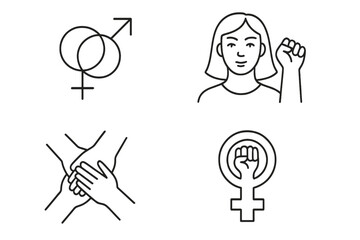 Vector line icon set of feminism and gender equality symbols. Woman power fist, solidarity hands, gender signs for social justice, protest, and women's rights concepts.