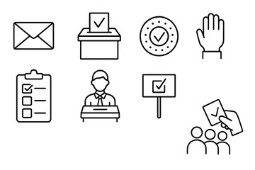 Election and voting line icon set. Vote, ballot box, politics, and democracy symbols. Politician, polling, campaign, and mail-in ballot vector outline illustration.