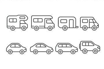 Car, motorhome, and caravan line icon set for travel and transport. Outline vehicle symbols for web design, apps, and infographics. Vector camper, RV, and auto pictograms.