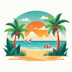 Obraz premium Tropical Beach Sunset With Palm Trees And Sailboats