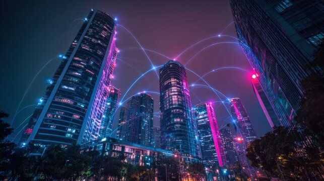 Futuristic Cityscape with Digital Network Connections, Representing Global Communication and Technological Advancement at Night