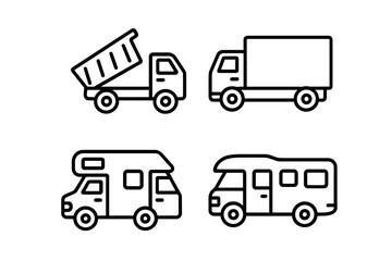 Truck and motor home line icon pack, outline transportation signs for graphic and web design, apps, adverts, various cards, vector cartoon illustration with transparent background