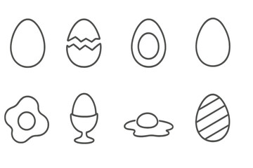 Egg icon set collection. Thin line art vector symbols. Fried, boiled, soft-boiled, broken, cracked shell and decorated easter egg. Food, breakfast menu, cooking pictogram.