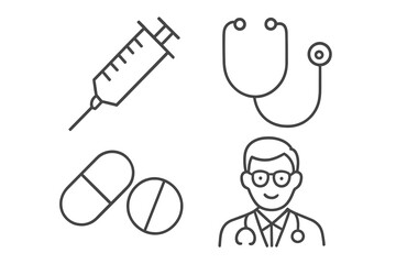 Medical icon set. Healthcare line art symbols. Doctor, syringe, stethoscope, pills. Vector graphic for hospital, clinic, pharmacy, medicine, treatment, web, infographic.