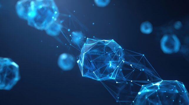 Abstract Blue Network Connection with Polygon Shapes, Data Transmission Visualization, and Futuristic Technology Background