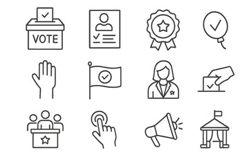 Vector line icon set for election and voting. Thin line symbols for politics, democracy, and government. Contains ballot box, vote, candidate, campaign, debate, and poll icons.