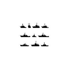Warship navy silhouettes set, large pack of vector silhouette design, isolated white background.  