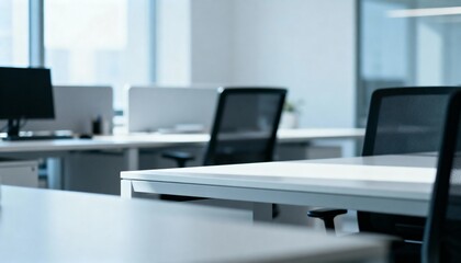 Fototapeta premium Modern Office Space with Desks and Chairs, Empty Workspace, Business Environment, Contemporary Design