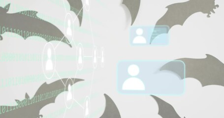 Bats flying inward starting binary code rolling nodes fading cards cascading showing user network - Powered by Adobe