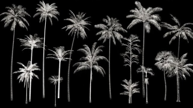 Black and white palm trees swaying in darkness, tropical silhouettes creating elegant contrast, minimal nature scene, exotic night landscape, artistic botanical background with calm mood