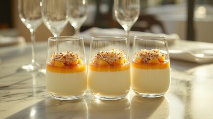 Coconut panna cotta dessert topped with mango compote and shredded coconut served in elegant glassware