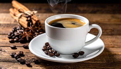 Aromatic Coffee Cup with Beans and Cinnamon Sticks on Wooden Table.