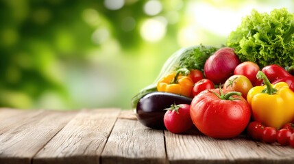 Fresh Vegetables on Rustic Wood Surface Displaying a Variety of Healthy Produce with Green Background