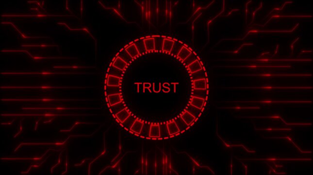 Futuristic digital circuit board with glowing red lines and central ' T R U S T' text in a circular interface representing cybersecurity data security and network integrity technology concepts