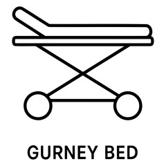 A simplistic line drawing of a gurney with wheels and a headrest in black and white