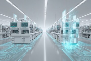 Advanced Manufacturing Facility: Precision Equipment in a Clean, Modern, Automated Production Line Environment Displaying Digital Overlays