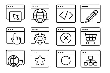 Web page line icon set. Browser, internet, and website interface symbols. Outline vector collection for web design, apps, and UI/UX. Includes code, cart, and settings icons.