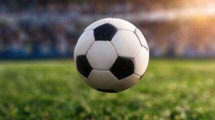 A close-up of a flying soccer ball above a lush green field, perfect for articles or promotions related to sports, fitness, teamwork, or recreational activities