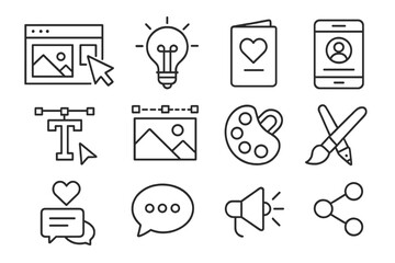 Graphic design line icon set for web, apps, and social media. Vector icons for digital marketing, creative process, UI and UX design. Modern outline symbols collection.
