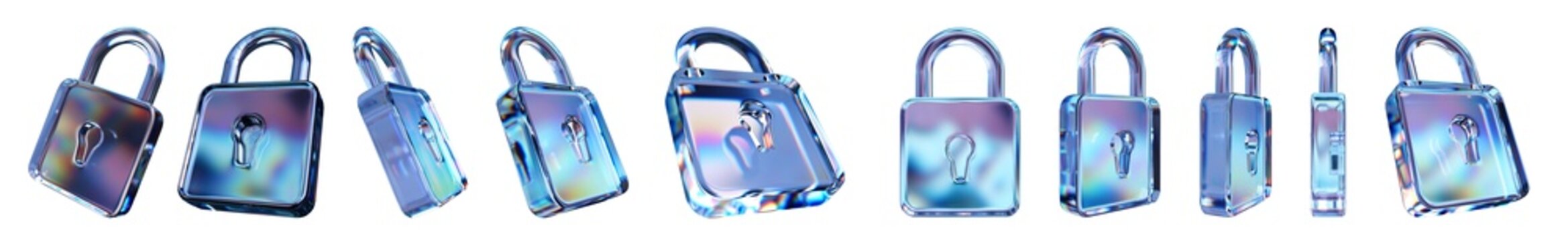 Set of 3d transparent glossy lock with dispersion effect. Rainbow colors reflection glass.3d glass security icon with crystal dispersion effect.Abstract empty glassy safety icon with prism holographic